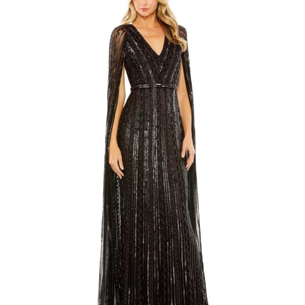 MAC DUGGAL SEQUINED V-NECK GOWN WITH CAPE SLEEVES